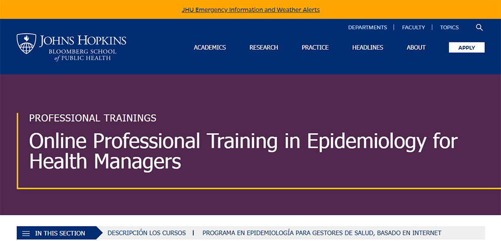 Online Professional Training in Epidemiology for Health Managers offered by Johns Hopkins Bloomberg School of Public Health
