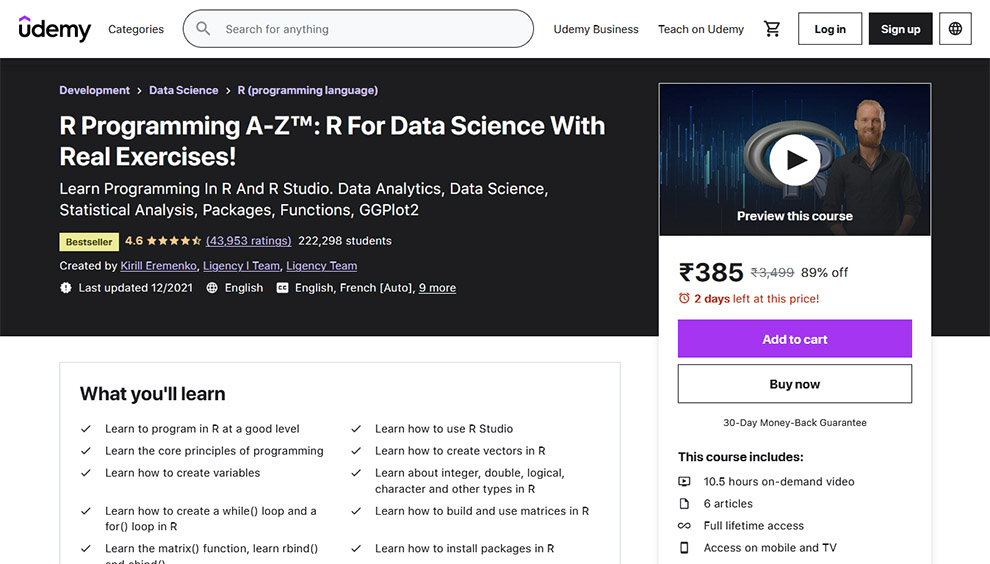 R Programming A-Z: R for Data Science With Real Exercises by Udemy