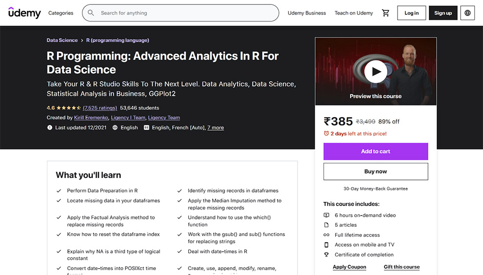R Programming: Advanced Analytics In R for Data Science by Udemy