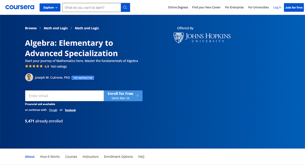 Algebra: Elementary to Advanced Specialization by John Hopkins University