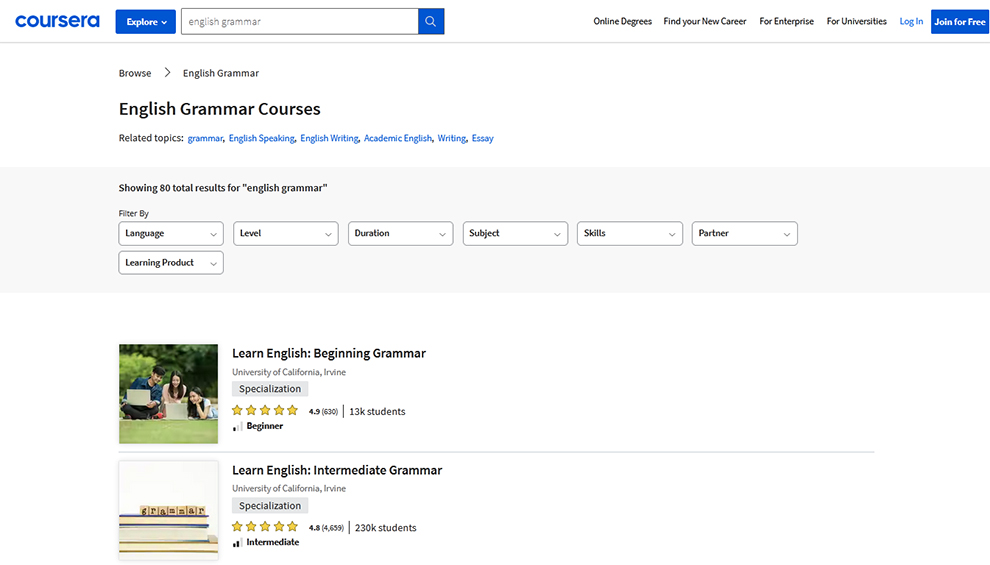 Best Free Online English Grammar Courses by Coursera.