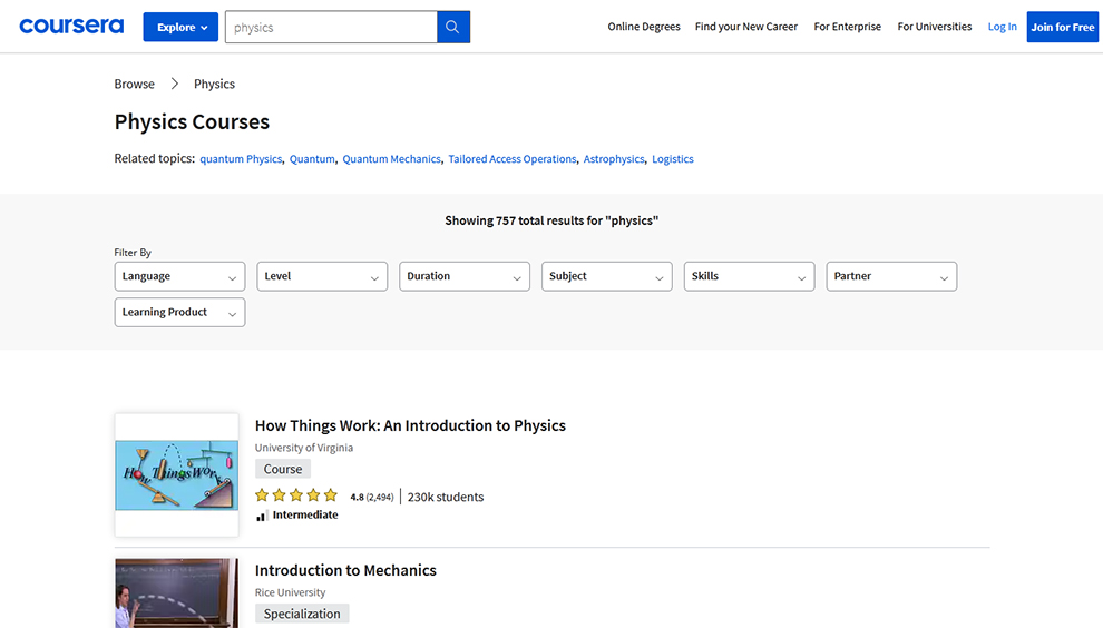 Best Physics courses from Coursera