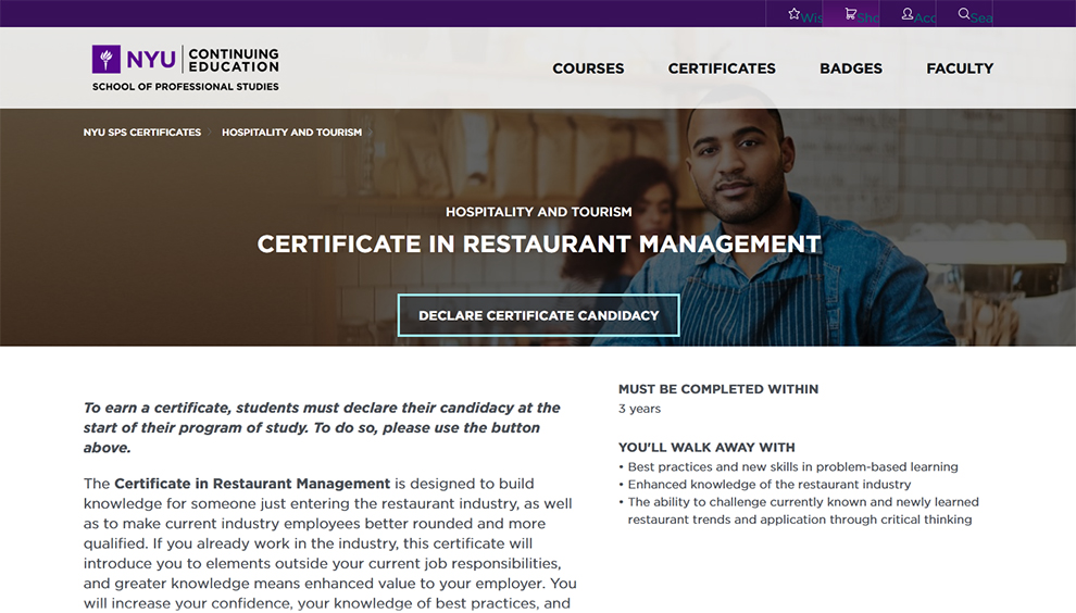 Certificate in Restaurant Management 