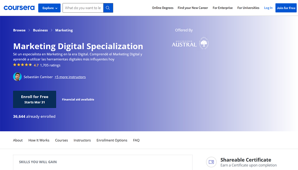 Digital Marketing Specialization by Austral University