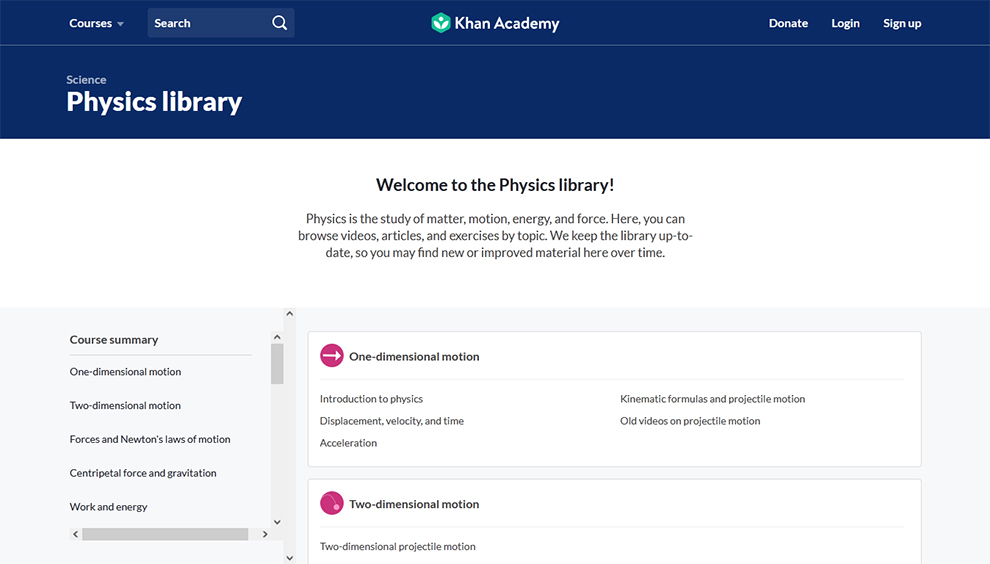 Library of Physics courses from Khan Academy