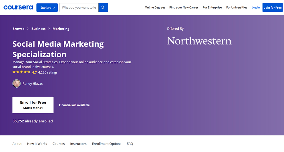Social Media Marketing Specialization by Northwestern University
