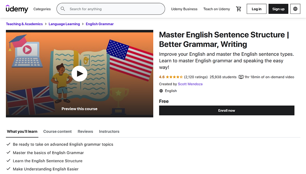 Udemy’s Master English Sentence Structure|Better Grammar, Writing