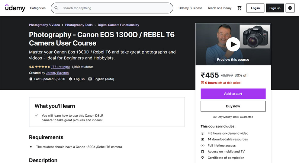 Photography - Canon EOS 1300D / REBEL T6 Camera User Course