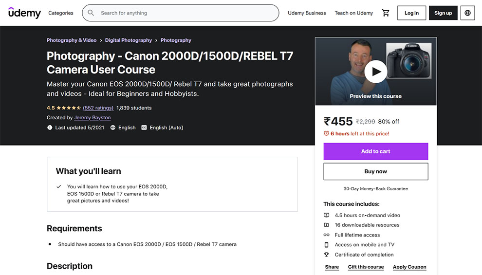 Photography - Canon 2000D/1500D/REBEL T7 Camera User Course