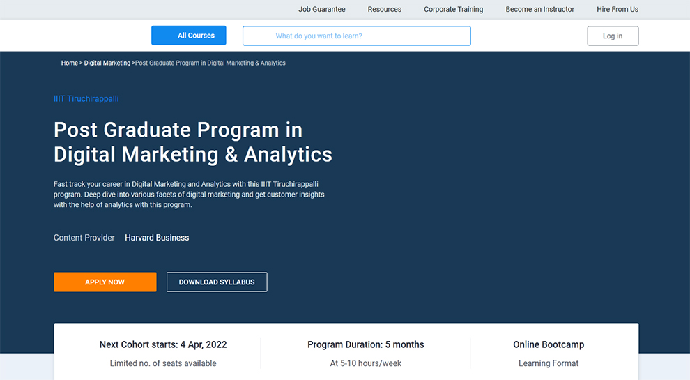 Post Graduate Program in Digital Marketing & Analytics