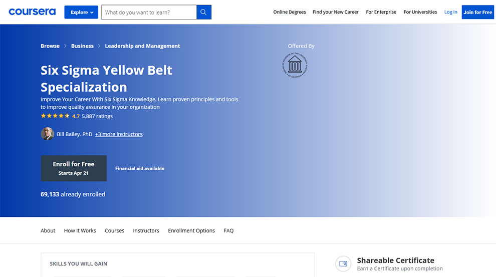 Six Sigma Yellow Belt Specialization – Offered by University System of Georgia