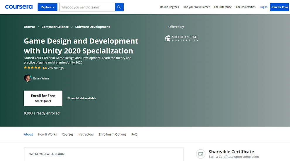 Game Design and Development with Unity 2020 Specialization