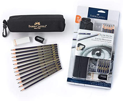 Faber-Castell Creative Studio Art On-The-Go Graphite Sketch Set – 15 Sketching Pencils and Accessories