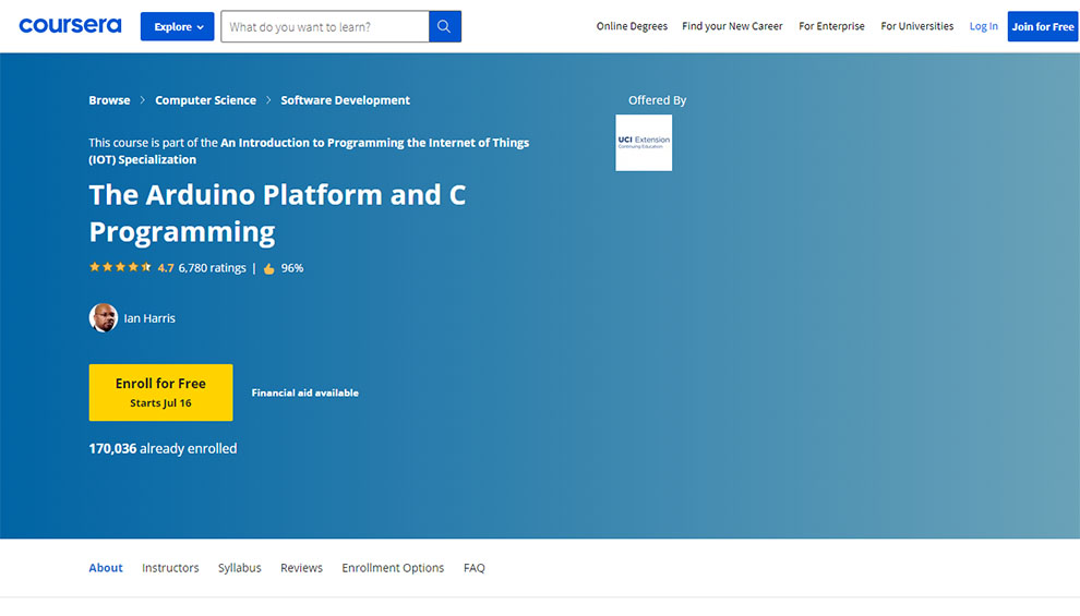 The Arduino Platform and C Programming – Offered by University of California, Irvine