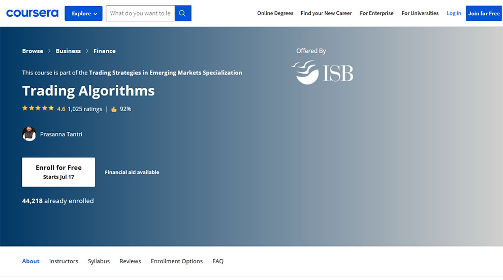 Trading Algorithms – Offered by The Indian School of Business