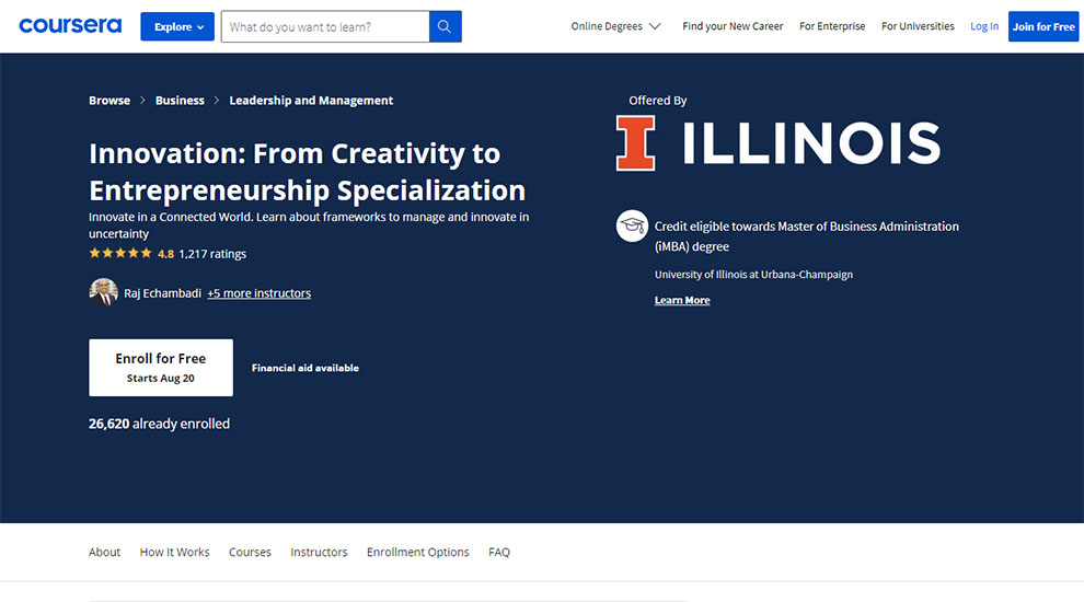 Innovation: From Creativity to Entrepreneurship Specialization – Offered by University of Illinois at Urbana-Champaign