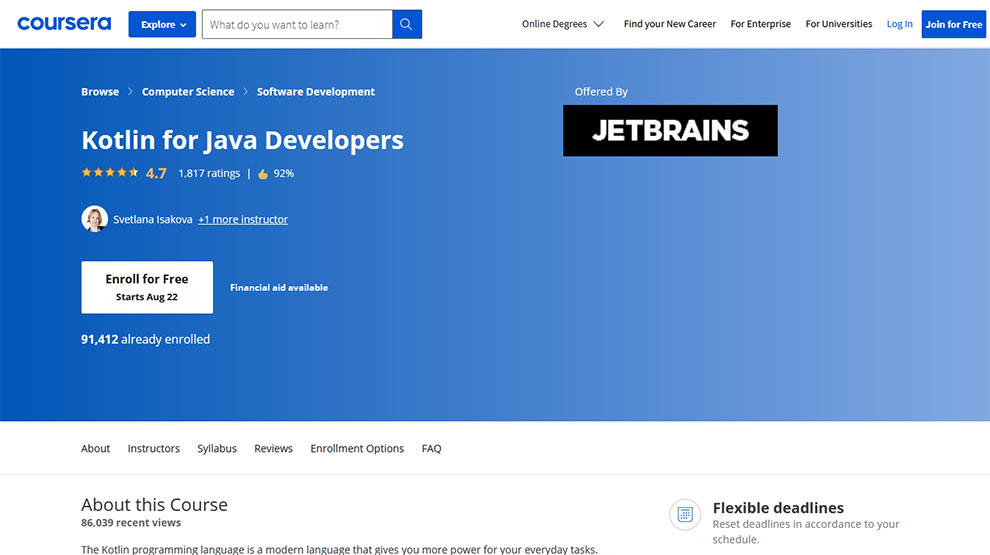 Kotlin for Java Developers – Offered by Jet Brains