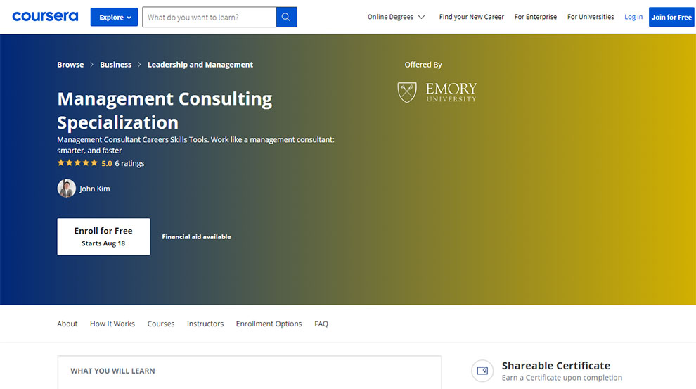 Management Consulting Specialization – Offered by Emory University