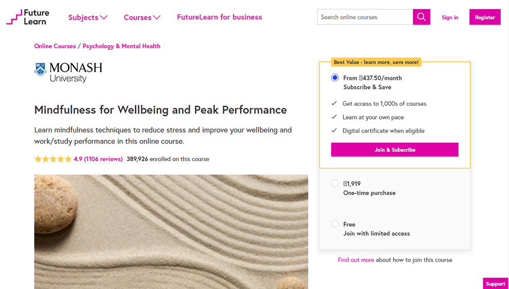Mindfulness for Wellbeing and Peak Performance – Offered by Monash University 