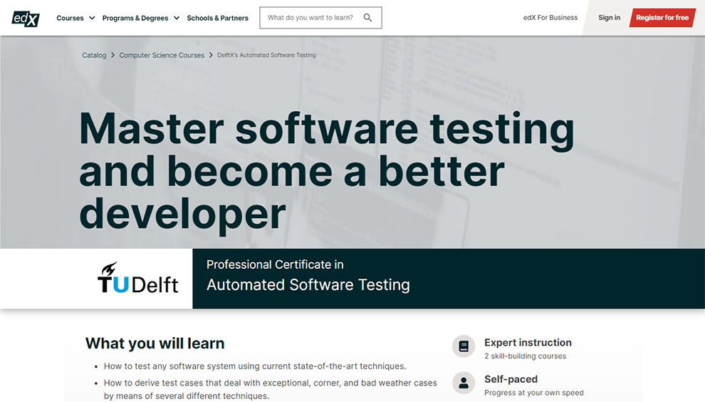 Professional Certificate in Automated Software Testing – Offered by TU Delft 