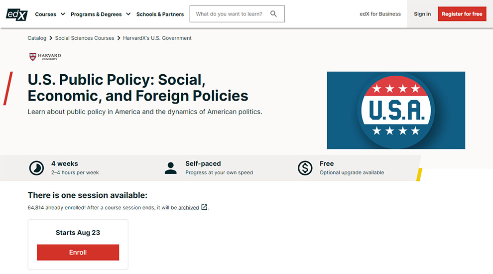 US Public Policy: Social, Economic, and Foreign Policies – Offered by Harvard University