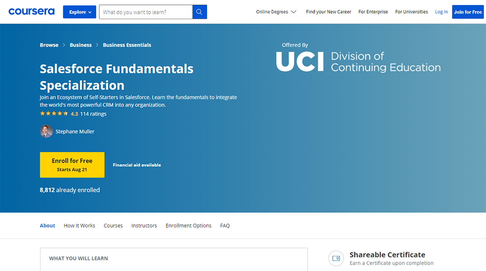 Salesforce Fundamentals Specialization – Offered by University of California, Irvine 