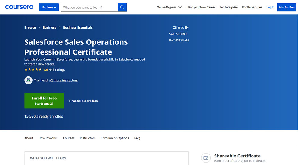 Salesforce Sales Operations Professional Certificate – Offered by Salesforce Pathstream