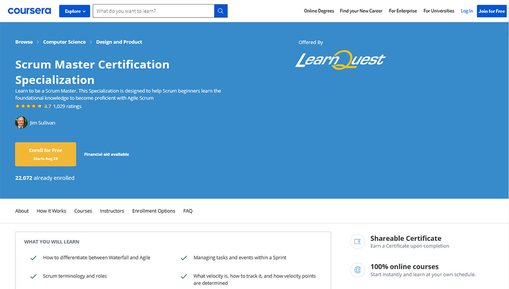 Scrum Master Certification Specialization – Offered by Learn Quest