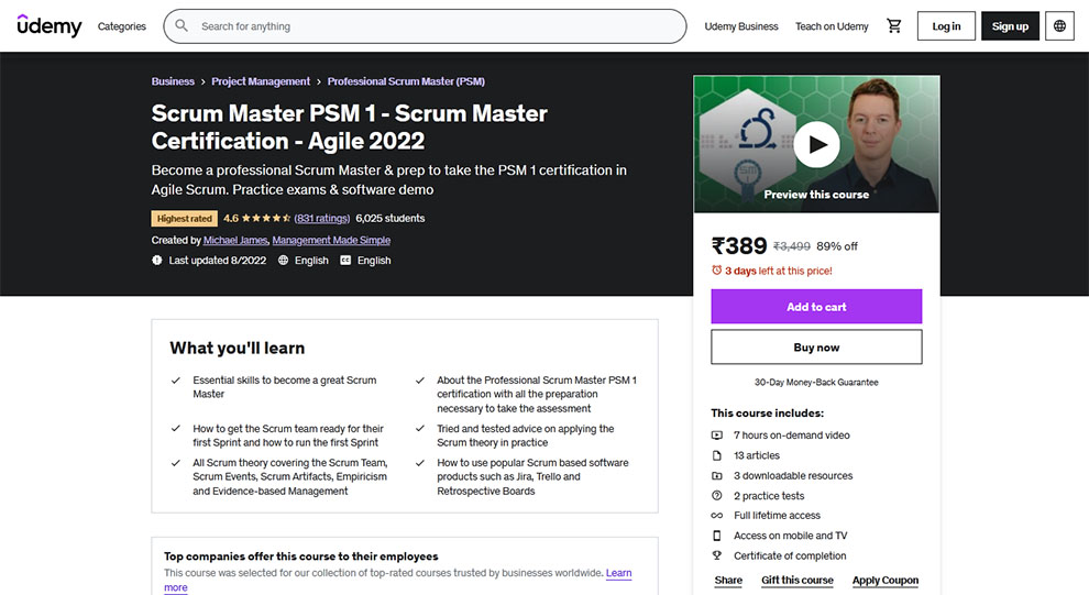 Scrum Master PSM 1 - Scrum Master Certification - Agile 2022