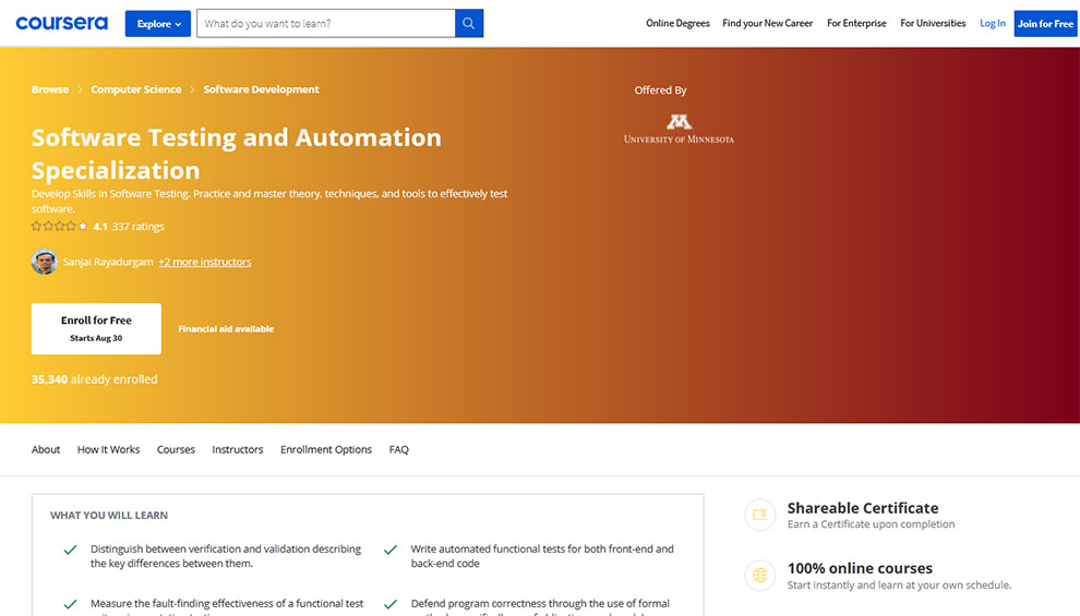 Software Testing and Automation Specialization – Offered by University of Minnesota