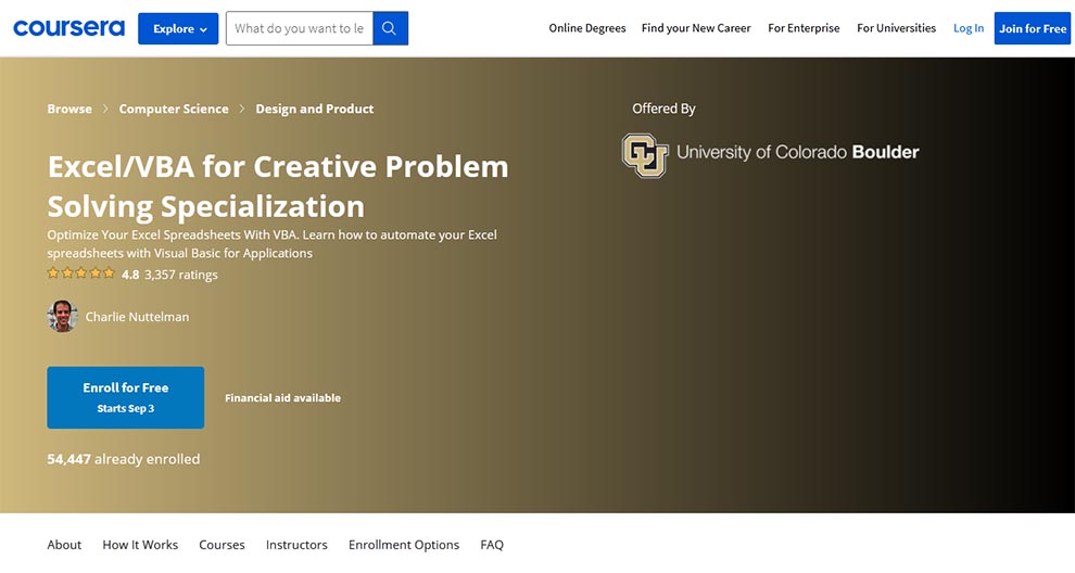 Excel/VBA for Creative Problem Solving Specialization – Offered by University of Colorado Boulder