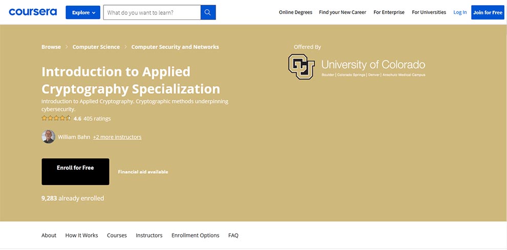 Introduction to Applied Cryptography Specialization – Offered by University of Colorado