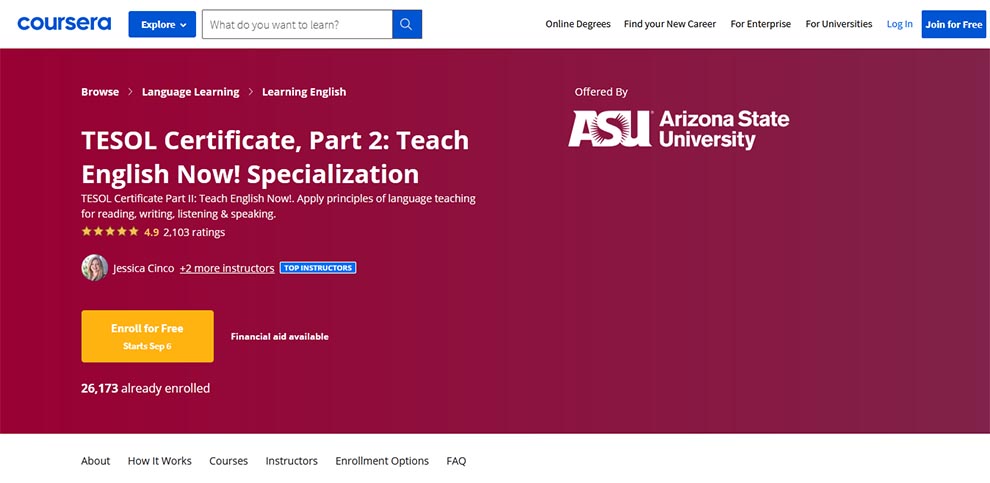 TESOL Certificate, Part 2: Teach English Now! Specialization – Offered by Arizona State University