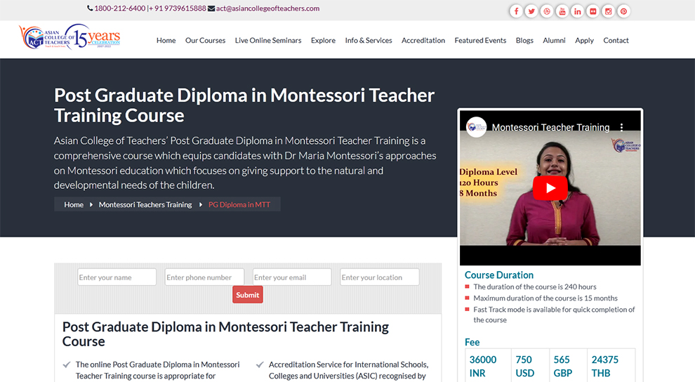 Post Graduate Diploma in Montessori Teacher Training Course